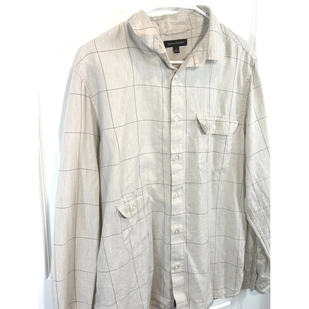 Banana Republic Men's Beige Windowpane Check Shirt‎ L Cotton Tencel Workwear